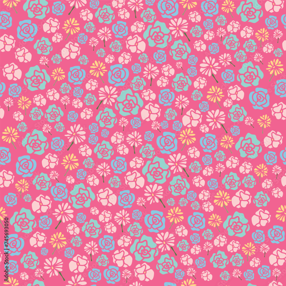 vector hand drawn colorful flowers seamless pattern perfect for wrapping paper, invitations, kitchen tea, paper plates, napkins, stationary, wallpaper, projects, fabric, kitchen apparel and more!