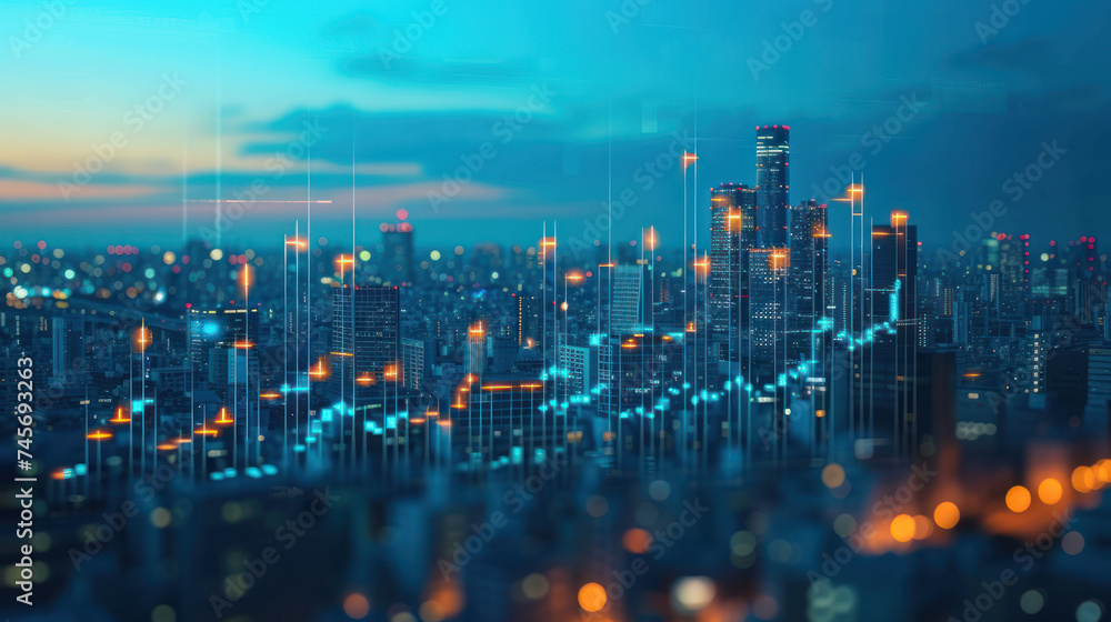melds the tranquil beauty of a city at dusk with the dynamic energy of digital financial graphs, capturing the pulse of an economy that never sleeps melds the tranquil beauty of a city at dusk with the dynamic energy of digital financial graphs, capturing the pulse of an economy that never sleeps