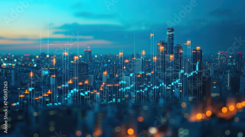 melds the tranquil beauty of a city at dusk with the dynamic energy of digital financial graphs, capturing the pulse of an economy that never sleeps