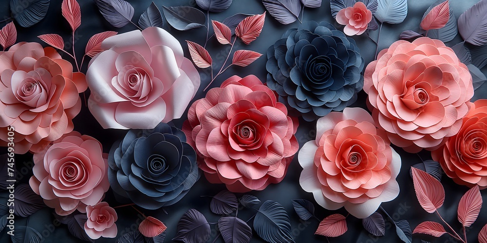 Rosen in weichen Farben, Rosen aus Papier, Muster aus farbenfrohen Rosen - obrazy, fototapety, plakaty 