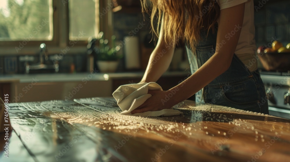 A woman uses a cloth to scrub the kitchen table. - obrazy, fototapety, plakaty 
