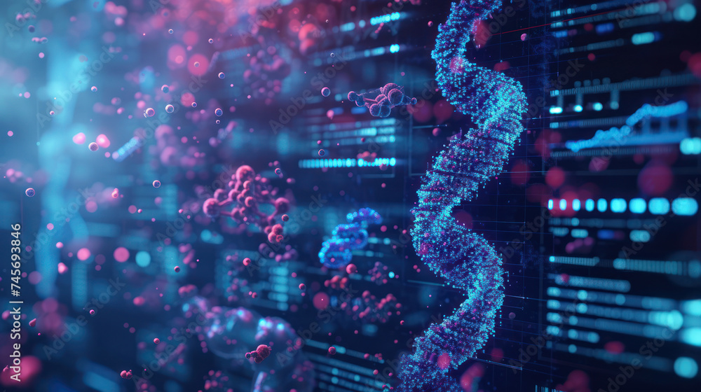 showcasing DNA sequencing through a modern lens with vivid particles, embodying the fusion of biology and innovative technology showcasing DNA sequencing through a modern lens with vivid particles, embodying the fusion of biology and innovative technology