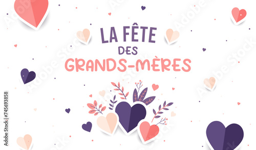 La fête des grands-mères - Bannière festive et colorée pour célébrer les Mamies - Cotillons, éléments végétaux et cœurs - Couleurs douces, violettes et roses - Univers poétique - Amour - Famille photo