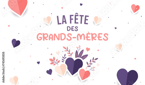 La fête des grands-mères - Bannière festive et colorée pour célébrer les Mamies - Cotillons, éléments végétaux et cœurs - Couleurs douces, violettes et roses - Univers poétique - Amour - Famille