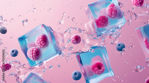 A creative arrangement of ice cubes with fresh raspberries frozen inside them. Around them are blueberries and splashes of water. Pink background. 