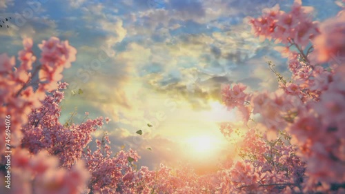 Wallpaper Mural spring landscape. fresh foliage, grass and pink flowers, nature comes to life. spring background  Torontodigital.ca