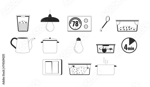 Conserving energy at household black and white 2D line cartoon objects set. Containers, appliances isolated vector outline items collection. Saving on bills monochromatic flat spot illustrations