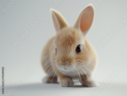 Portrait of a red little rabbit looking at side on white background.
