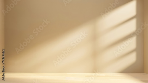 Light beige studio wall background for product presentation. Empty room with a light on the wall from the window. Product demonstration template