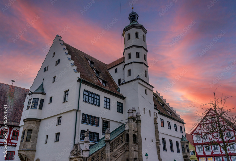 Noerdlingen town hall at sunset ,bavaria germany 
in the evening