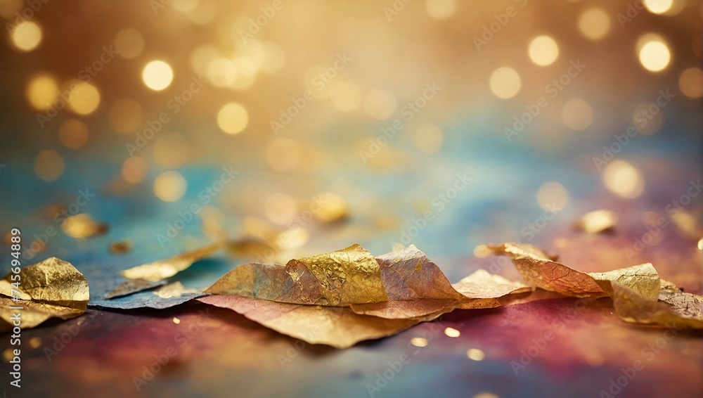 Warm paper autumn leaves lie against a backdrop with a golden bokeh effect, creating an image of warmth and seasonal change. Bokeh background - obrazy, fototapety, plakaty 