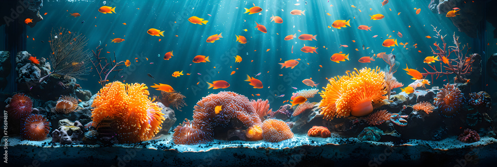 Aquarium colorful underwater world plants banner,