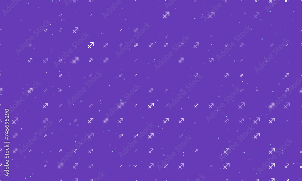 Seamless background pattern of evenly spaced white zodiac sagittarius symbols of different sizes and opacity. Vector illustration on deep purple background with stars Seamless background pattern of evenly spaced white zodiac sagittarius symbols of different sizes and opacity. Vector illustration on deep purple background with stars