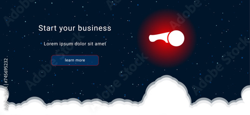 Business startup concept Landing page screen. The angle grinder symbol on the right is highlighted in bright red. Vector illustration on dark blue background with stars and curly clouds from below