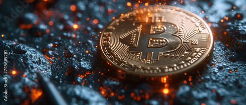 a close-up of a Bitcoin coin on a textured surface, illuminated by a network of glowing sparks, representing the digital currency's energy and impact on the financial market