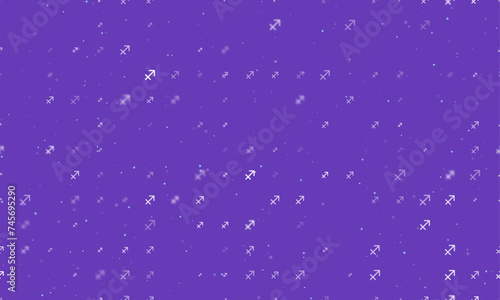 Seamless background pattern of evenly spaced white zodiac sagittarius symbols of different sizes and opacity. Vector illustration on deep purple background with stars