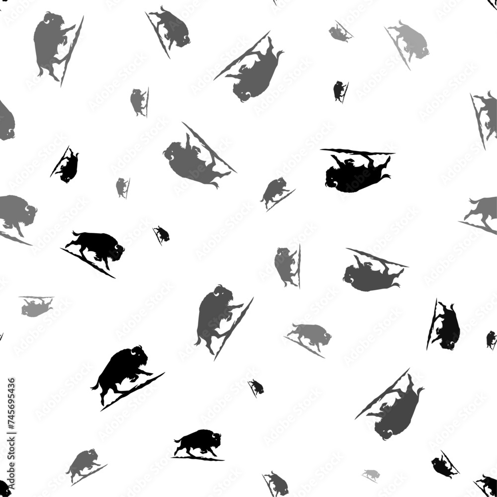 Fototapeta premium Seamless vector pattern with wild buffalos, creating a creative monochrome background with rotated elements. Vector illustration on white background