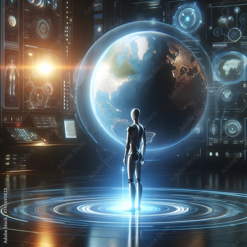 AI in Control Room with Large Globe and Advanced Control System AI in Control Room with Large Globe and Advanced Control System