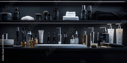  Beauty Salon Hair Care Section with Shampoos and Conditioners, A black room with a shelf with a lot of hair products. 