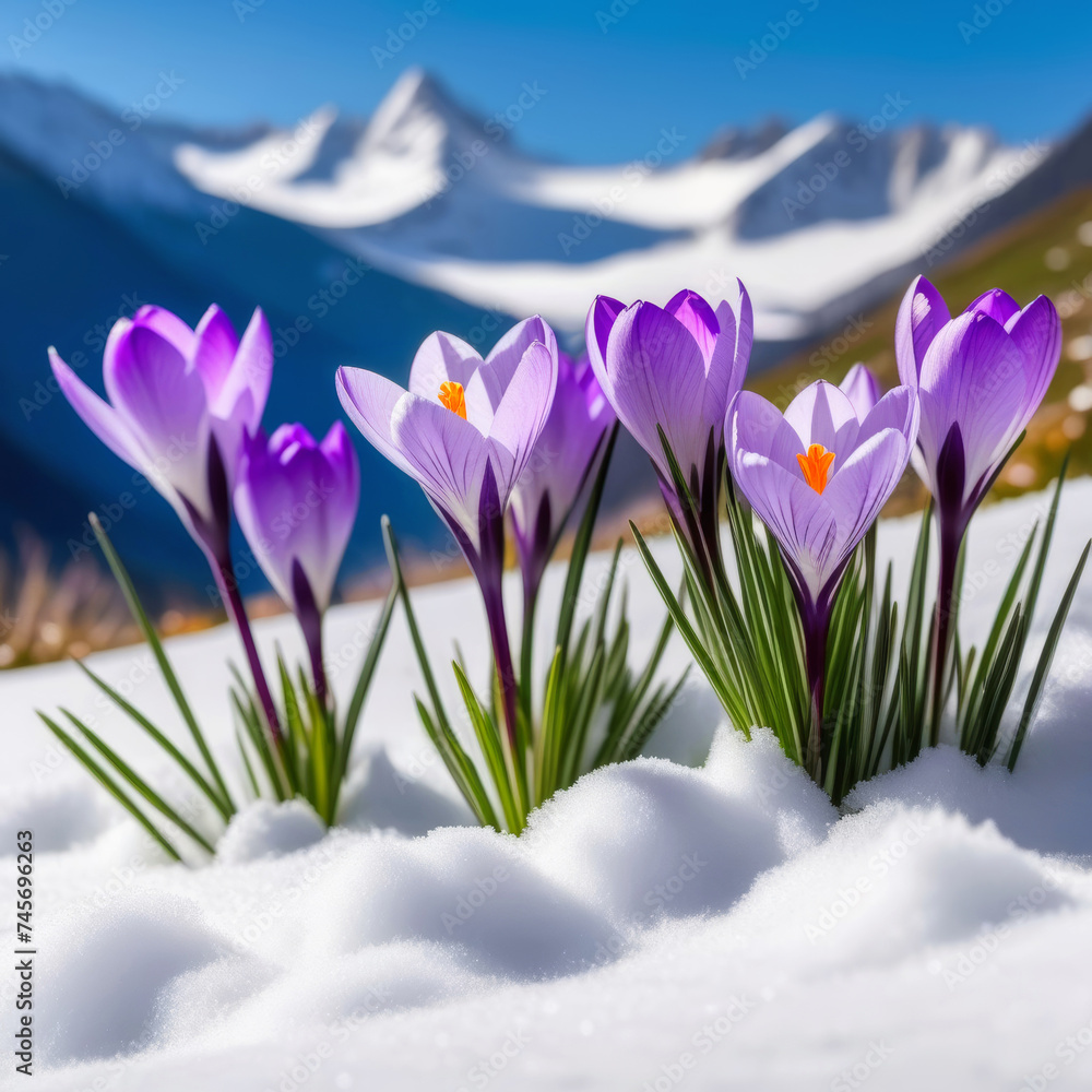 Several purple crocus flowers in the snow in the mountains, a bright sunny day.