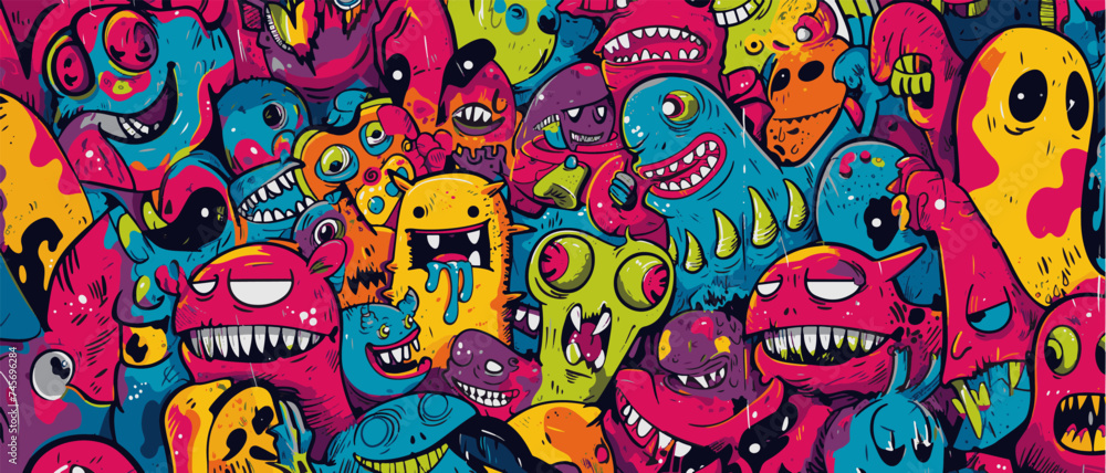 Abstract graffiti cartoon monsters, ghosts and strange beings. Hand drawn doodle pattern