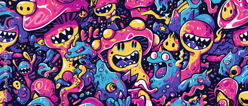 Abstract graffiti cartoon monsters, ghosts and strange beings. Hand drawn doodle pattern