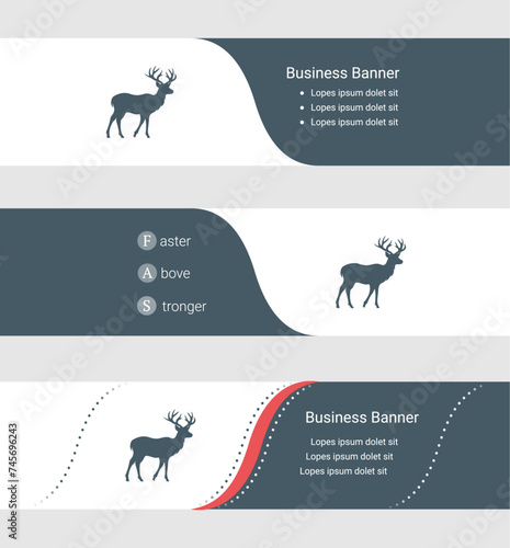 Set of blue grey banner, horizontal business banner templates. Banners with template for text and deer symbol. Classic and modern style. Vector illustration on grey background photo