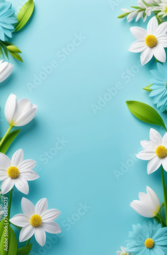Vertical frame for text blue background with white flowers and green leaves. Place for text. © Marina David