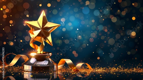 Trophy gold star on podium with ribbon elements and glitter light effects decorations and bokeh photo