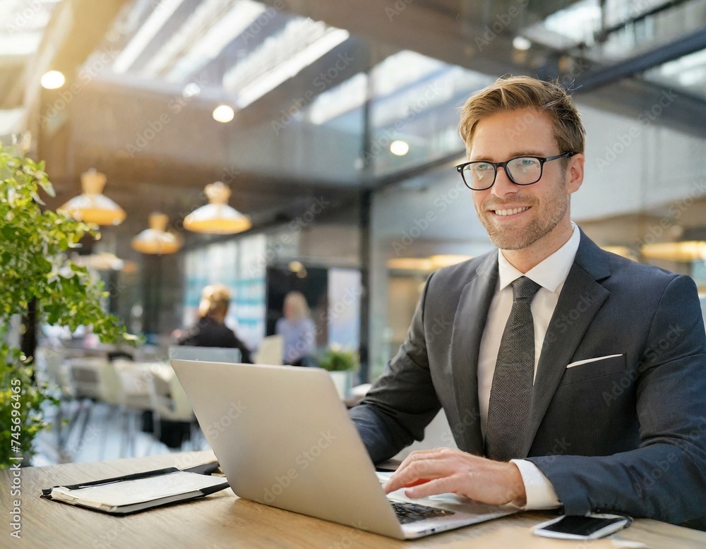 Mann in Anzug und Brille sitzt vor lap Top und arbeitet im Büro Mann in Anzug und Brille sitzt vor lap Top und arbeitet im Büro