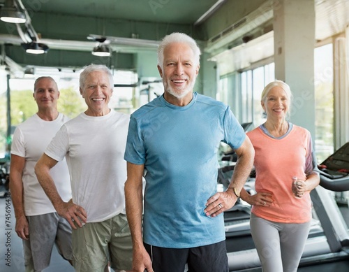 Gruppe von Senioren steht im fitnesscenter - Seniorenfitness im Gym 