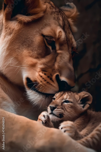 Lioness mother and her cub