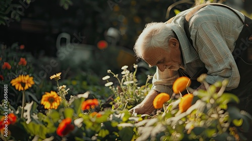 Senior man working in garden with flowers © Elena