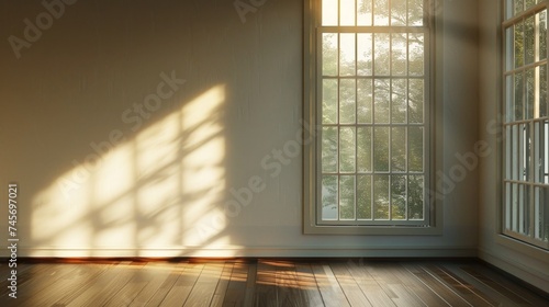 Sunlight casting shadows through a window onto a wooden floor  embodying tranquility and the comfort of home  ideal for real estate and interior design.