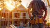Construction Worker with Tool Belt, House Building Background, Skilled Labor