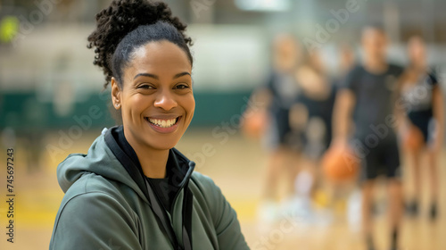 Portrait of a happy African American basketball coach, pretty woman standing on the hardwood court in the basketball gym interior, looking at the camera and smiling. Players blurred in the background photo