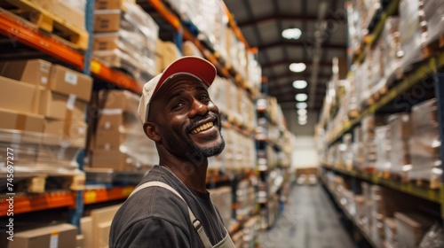 Warehouse Worker Smiling, Logistics Professional in Storage Facility