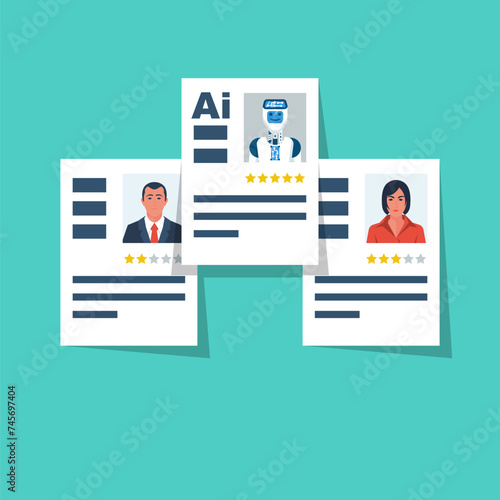 Artificial intelligence in interviews. The robot is superior to humans. Resume ai. Technology development. Vector illustration flat design. Isolated on white background.