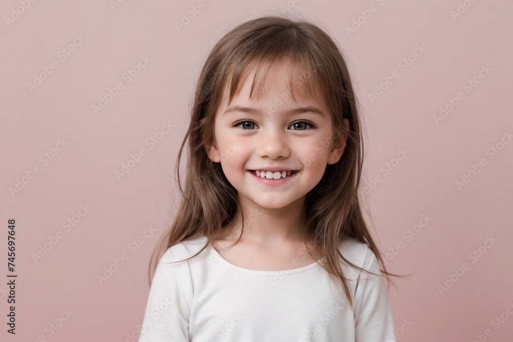 Happy cute little girl wearing white clothes standing against a pink background with copy space. Happy cute little girl wearing white clothes standing against a pink background with copy space.