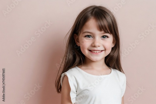 Happy cute little girl wearing white clothes standing against a pink background with copy space.