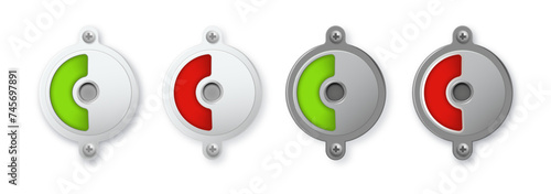Toilet or restroom locks green and red round metal isolated on white. Occupied and Free. Regular public restroom door mechanism indicating. Vector
