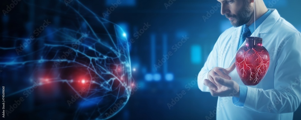 Cardiologist doctor examine patient heart functions and blood vessel on interface. Medical technology and healthcare to diagnose heart disorder and disease of cardiovascular, Generative AI - obrazy, fototapety, plakaty 