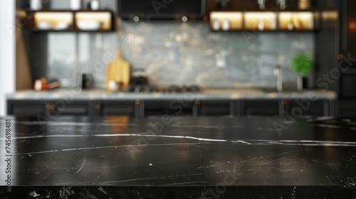 Modern black marble tabletop against blurry kitchen background, ideal for product displays photo