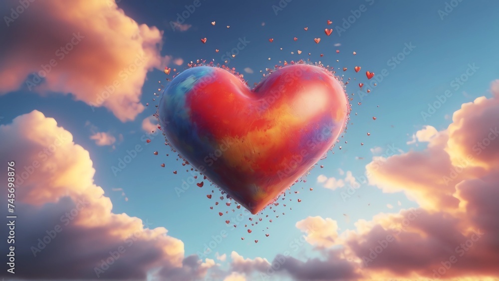 Heart in the sky with clouds and birds. 3D illustration, a colorful ...