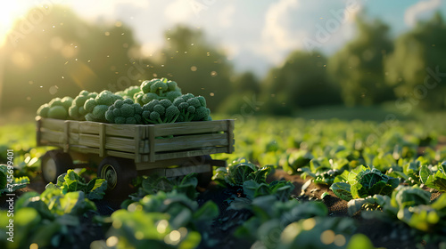 Cargo truck carrying broccoli vegetable in a field. Concept of agriculture, food production, transportation, cargo and shipping. photo