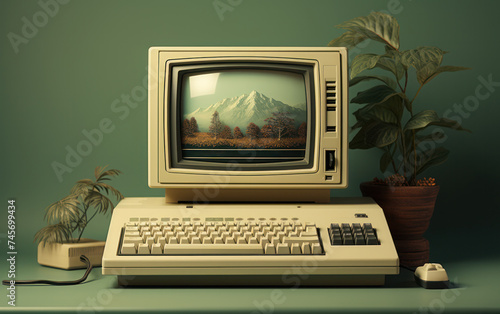 A retro-style computer and monitor against a green backdrop