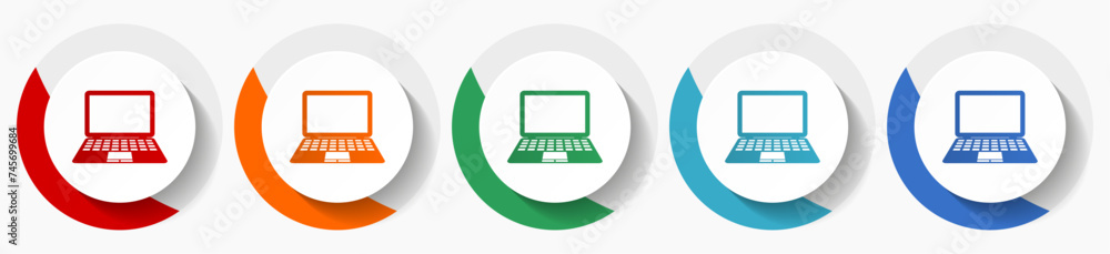 Laptop, notebook, computer vector icon set, flat icons for logo design, webdesign and mobile applications, colorful round buttons Laptop, notebook, computer vector icon set, flat icons for logo design, webdesign and mobile applications, colorful round buttons