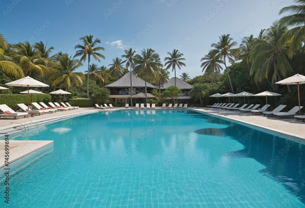 Empty swimming pool in tropical resort in summer background