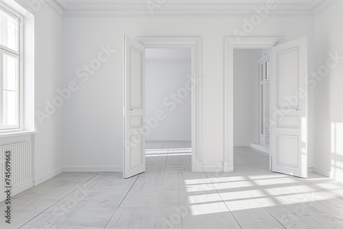 Modern white empty room with sunlight casting shadows through open doors
