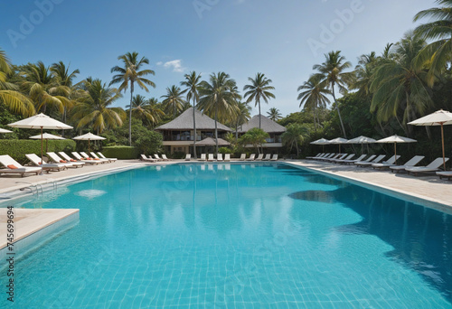 Empty swimming pool in tropical resort in summer background